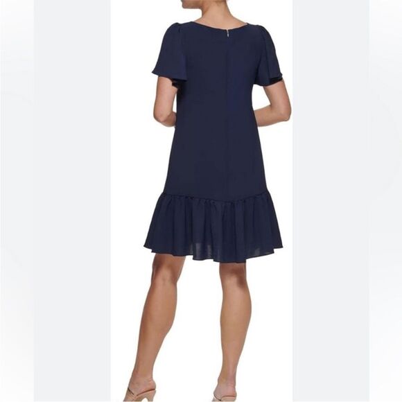 DKNY Navy Boat Neck Flutter Sleeve Dress. Size 8. - Picture 2 of 12
